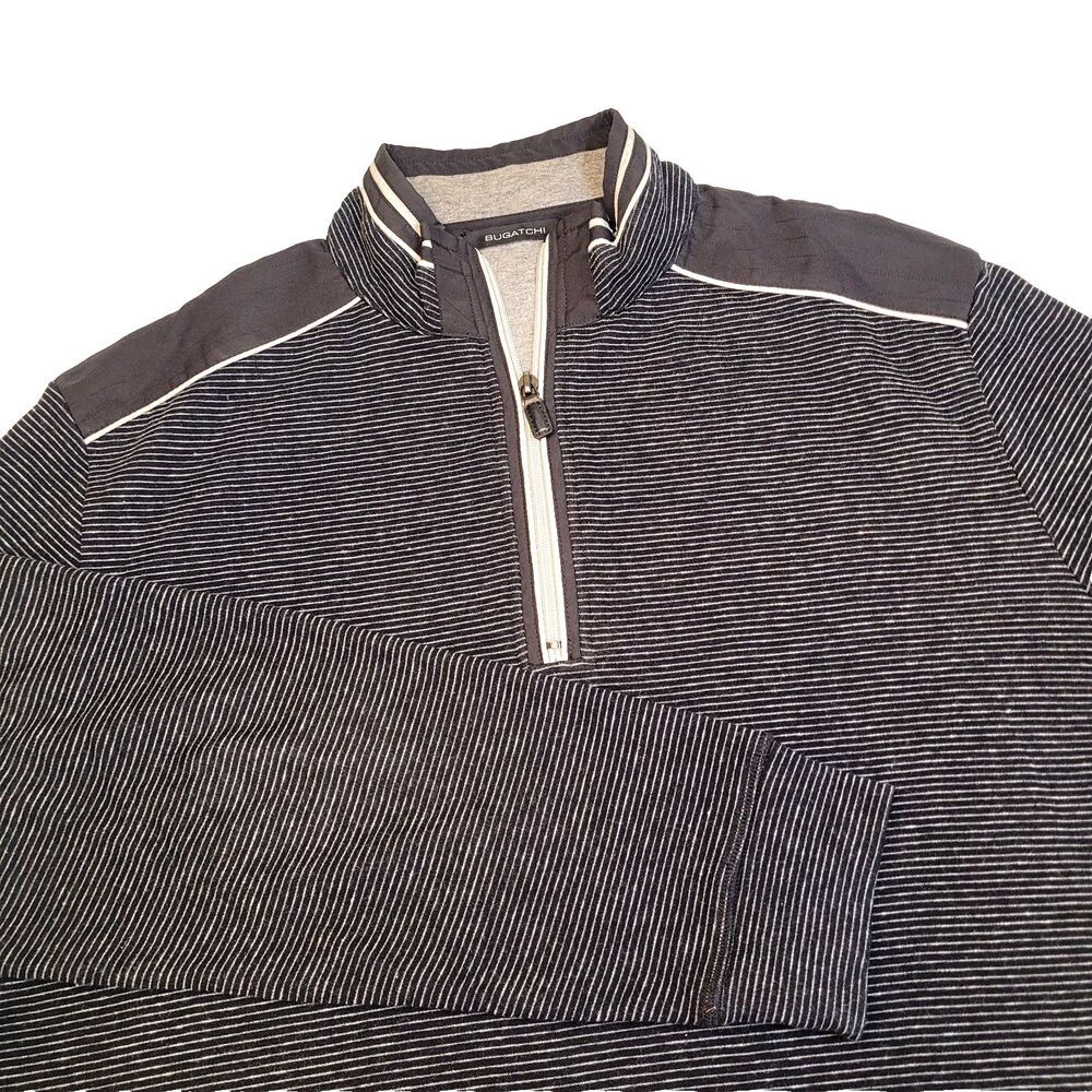 BUGATCHI Sweater Men's Large Black Gray Striped Quarter Zip Golf Sweatshirt